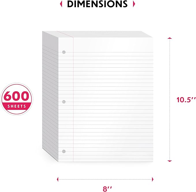 Alitte Loose Leaf Paper, Wide Ruled, 600 Sheets (150/Pack) Filler Paper for Writing Notes - School, College, Office - 3 Hole-Punch Lined Sheets for Ring Binders, Pocket Folders - White, 8 x 10.5