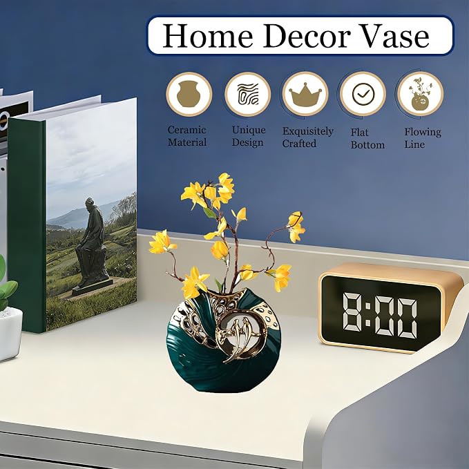 Luxury Green & Gold Ceramic Vase with Lovebird Design, Modern Home Decor for Living Room, Entryway, Bookshelf, Perfect for Dried Flowers, Faux Plants, Wedding & Housewarming Gift(Vase)