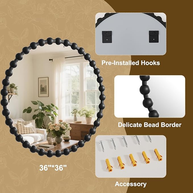 Easly Round Mirror for Wall, 36 Inch Black Beaded Frame Decorative Vanity Mirror, Circle Bathroom Mirror with High-Definition Lense, Modern Wall Decor for Bathroom, Living Room, Bedroom, Entryway