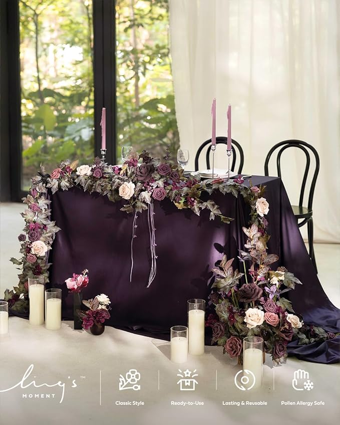 Ling's moment 9FT Flower Garland for Backdrop Decorations - Wedding Arch Flowers, Eucalyptus & Rose, Artificial Floral Garland for Mantle - Sweetheart Table Decor for Beach Reception, Purple