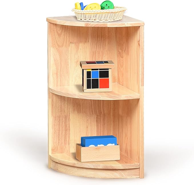 Corner Storage Bookcase Montessori Shelf-Toy,Books,Arts,Crafts&Supplies Storage Organizer for Kids,Toddler Furniture for Preschool,Nursery (3-Tier Corner Cabinet)