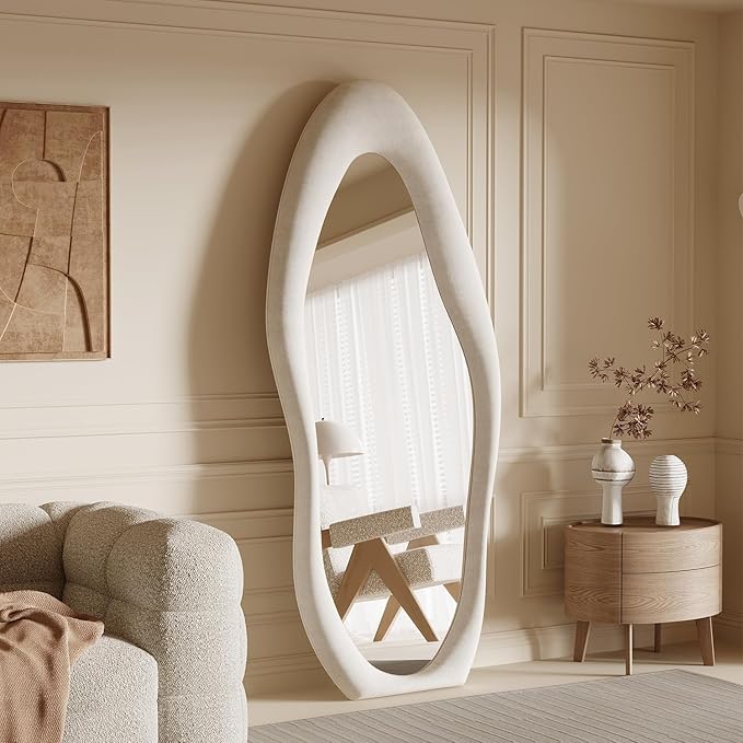 Honyee Full Length Mirror, 63" x 24" Wall Mirror, Irregular Wavy Full Body Mirror with Flannel Wrapped Wooden Frame, Hanging or Leaning Against Wall for Cloakroom, Bedroom, Living Room, Cream White