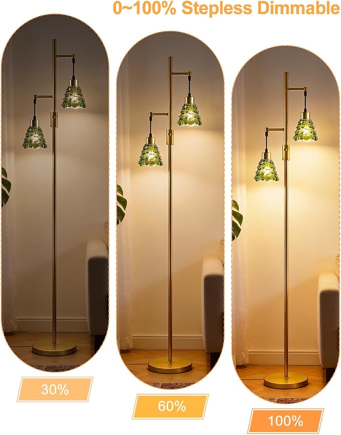 Lightdot 65IN Glass Floor Lamp for Living Room, 2- Light Gold Floor Lamps with Green Glass Shade& Warm White Bulbs, Modern Standing Tall Lamp with 5Lbs Heavy Base for Bedroom/Corner Beside/Home Decor