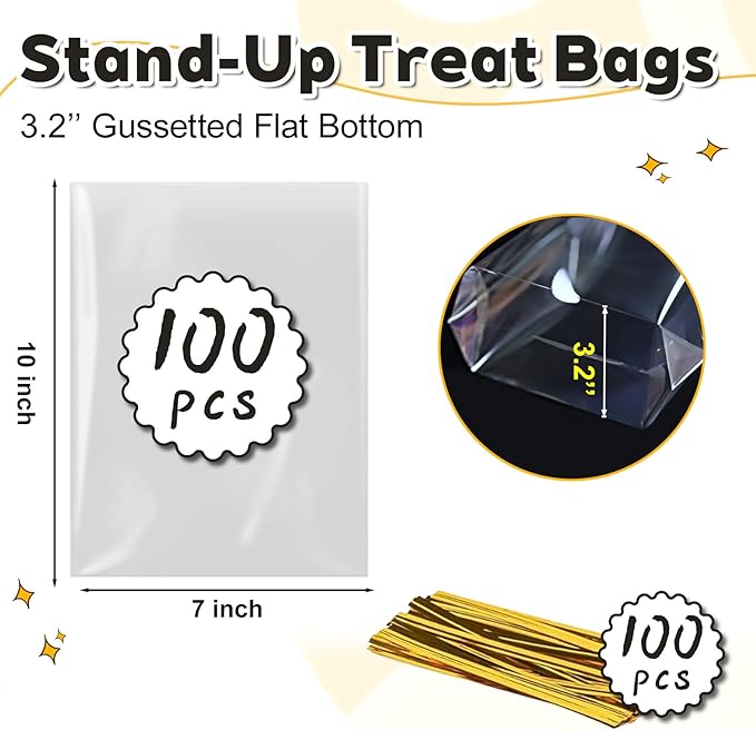 PigPotParty Cellophane Treat Bags 7"x10", 100 Pack Clear Goodie Bags, Bottom Gusset for Stand-Up Display, Small Plastic Gift Wrap for Cookies, Candy, Party Favors, Popcorn, Includes 100 Ties