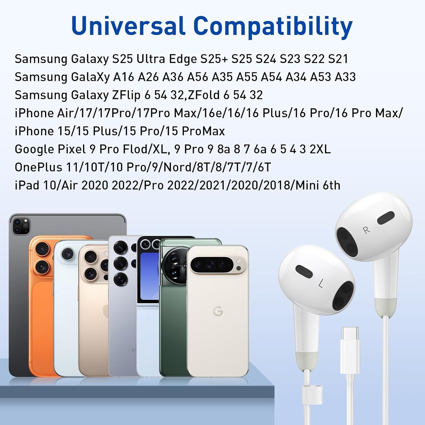 USB C Headphones - Wired Earbuds with Microphone & Remote | Noise Isolating for iPhone 15/16/17 Pro Max, iPad Pro, Galaxy S23/S24/S25