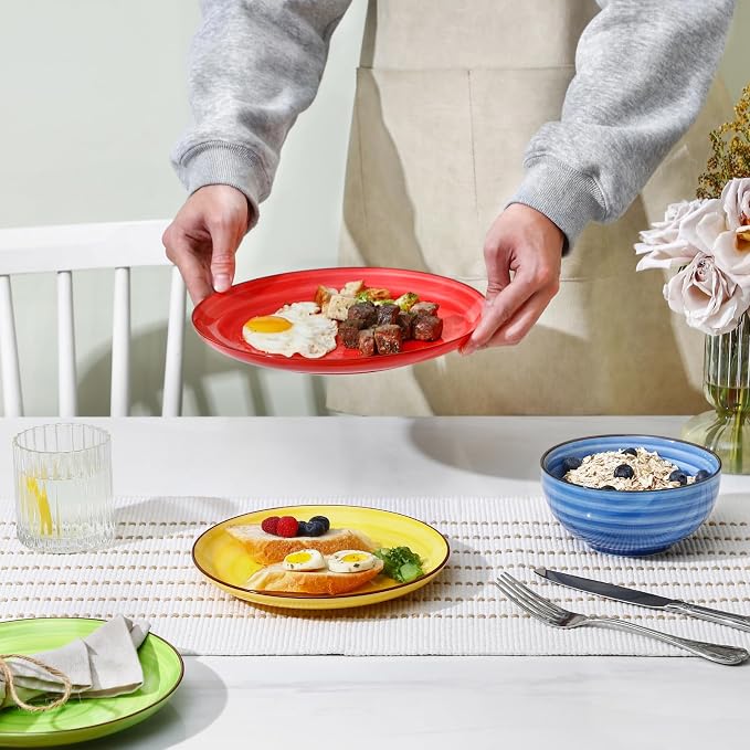 Selamica Ceramic Plates and Bowls Sets,12 Pieces Dinnerware Sets for 4,Scratch Resistant Dish Set,Dishwasher & Microwave Safe, Dopamine