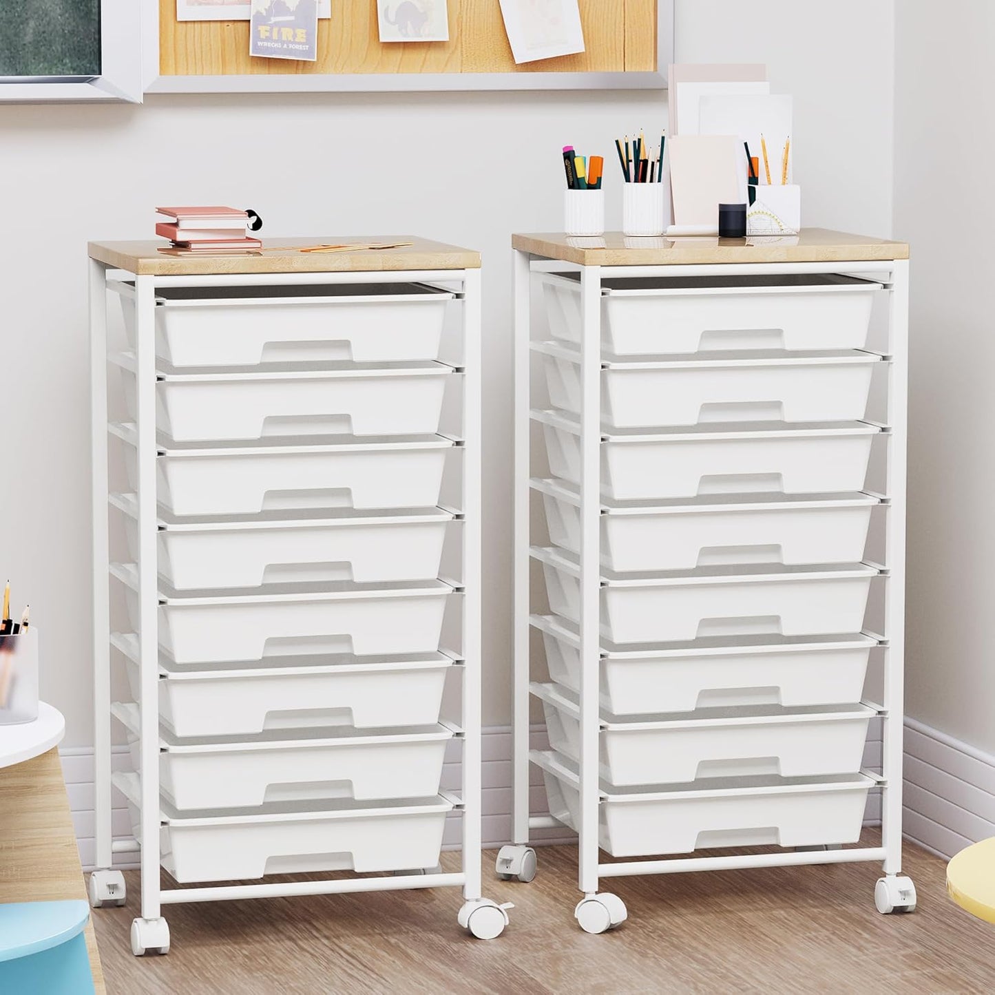 Skiennix Rolling Cart - 8 Drawer Storage Solution with Wooden Tabletop & Lockable Wheels | Versatile for Home & Office