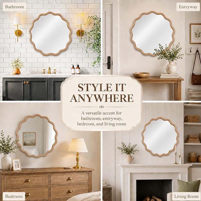 Majnesvon 20x30 Inch Asymmetrical Wall Mirror Wood,Rustic Irregular Shaped Vanity Mirror for Bathroom,Bedroom, Living Room, Entryway, Fireplace,Wall Decor,Solid Wooden Frame (Natural Wood, 20" x 30")
