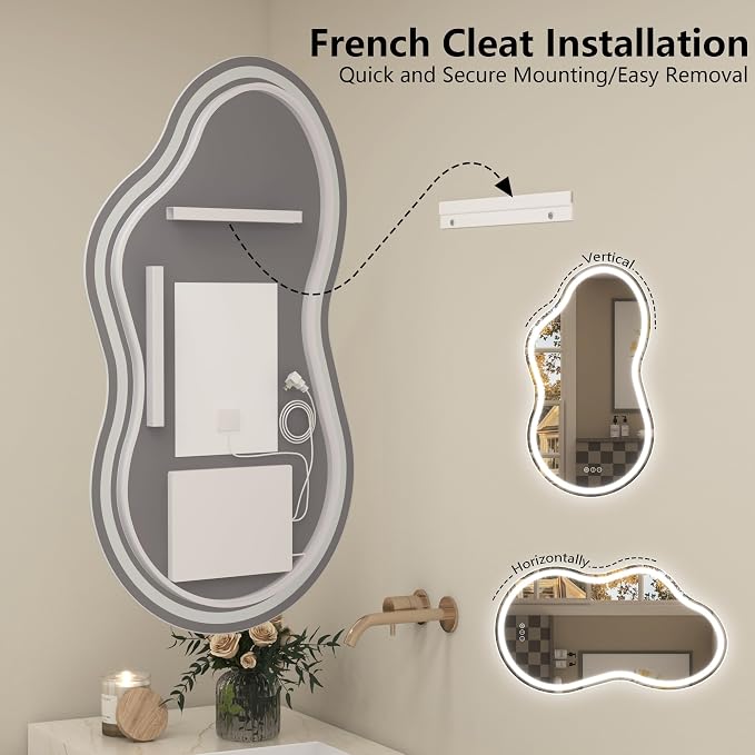 48x26 Inch Irregular LED Backlit Bathroom Mirror, Asymmetrical Cloud Led Lighted Vanity Mirror for Wall, Anit-Fog, Dimmable, Memory, 3 Colors, Shatterproof(Horizontal/Vertical)