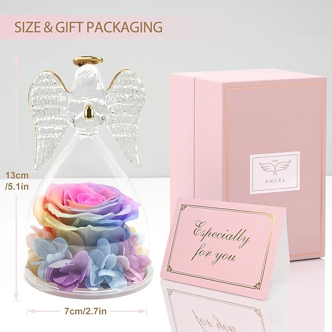 Yamonic Mom for Mom Grandma, Angel Figurines with Real Rose Birthday Gifts for Moms Women, Preserved Rose Flower Angel Figurines for Mothers Day Valentine's Day Gifts for Her(Rainbow)