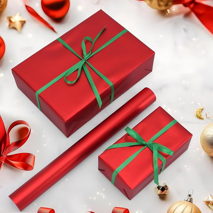 Red Wrapping Paper, Christmas Gift Wrapping Paper, 17inch x 33ft Matte Metallic Solid Color Red Wrapping Paper Roll for Mother's Day, Baby Shower, Valentine's Day, Birthday, Wedding, Anniversary