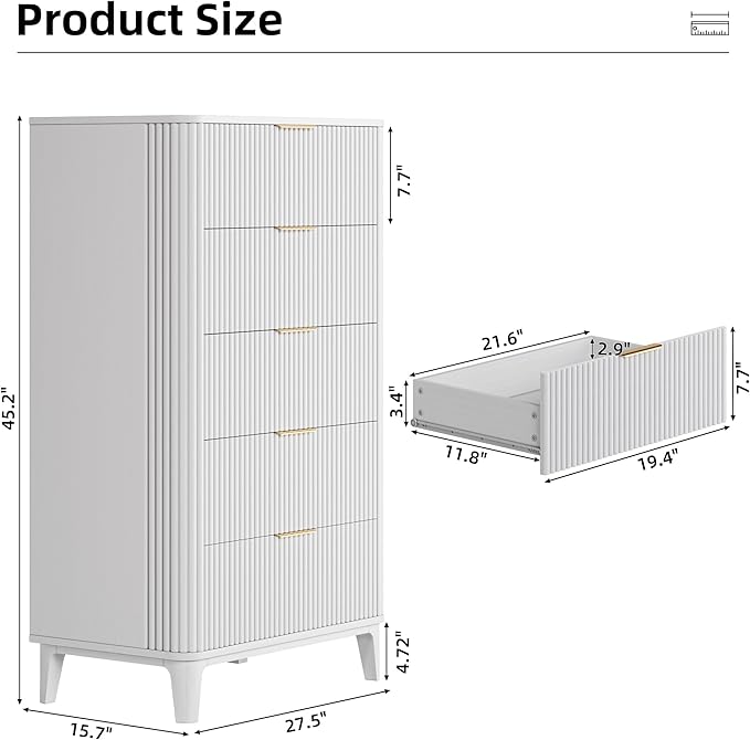 Fluted 5 Drawers Dresser for Bedroom, 45" Modern Tall Chest of Drawers with Wood Grain, Farmhouse Wooden Vertical Dresser, Curved Profile Design, Wood Drawer Organizer for Closet, Hallway White
