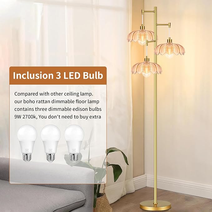 ILLMTW Floor Lamp for Living Room,Bedroom,Gold Mid Century Modern Standing Lamp Brass Tree 3 Light Tall Floor Lamps Vintage Retro Floor Lights Glass Flower Lamp Shade Farmhouse Boho Bohemian