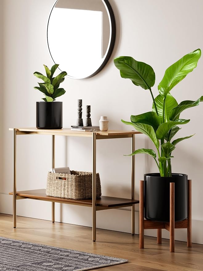LE TAUCI 12 Inch Planter with Acacia Wood Stand, Large Ceramic Indoor Plant Pot with Drainage Hole & Plug, Mid Century Modern Plant Holder for Fiddle Leaf Fig, Monstera, Snake Plant, Black