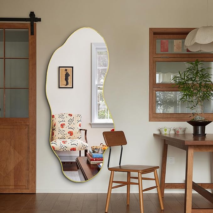 Large Irregular Wall Mirror, 63"x27.2" Asymmetrical Mirror with Gold Metal Frame, Organic Shape Mirror for Living Room Bedroom Hallway Entryway, Horizontal or Vertical Hanging
