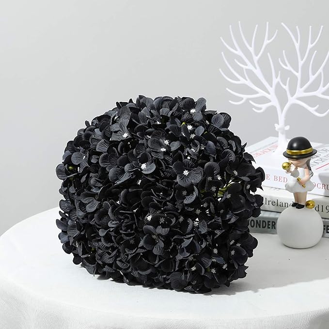 10PCS Silk Hydrangea Heads with Stems Artificial Flowers for Wedding Party Home Decor (Black)