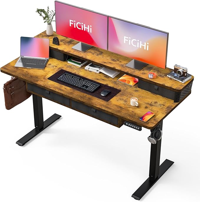 FiCiHi Adjustable Height Standing Desk with 4 Drawers,55 x 24 inches Electric Sit Stand Home Office Desk with Two Tiers, 3 Memory Presets, Monitor Stand Riser, C-Clamp Mount Compatible