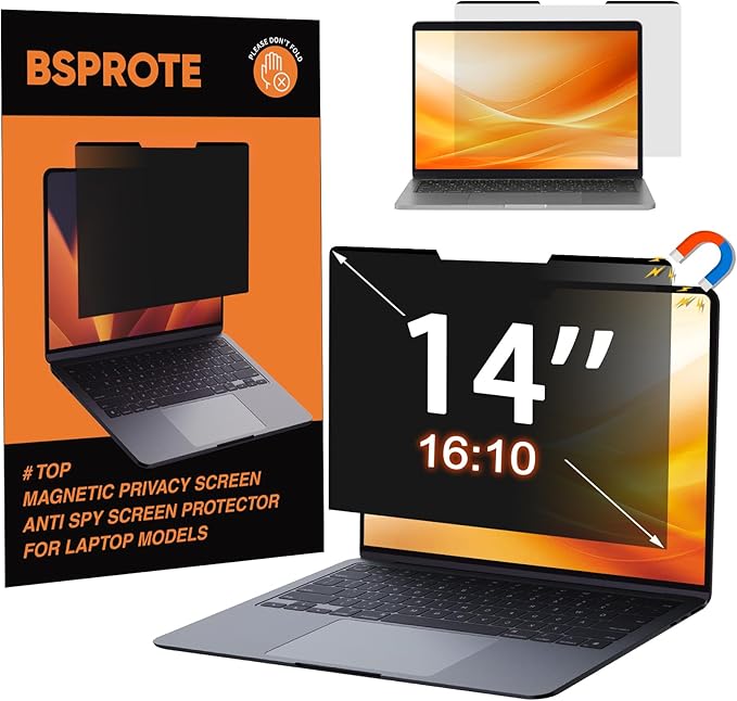 BSPROTE Magnetic Laptop Privacy Screen 14 Inch 16:10 Display- Removable Anti-Glare Blue Light Filter, Computer Privacy Screen Shield, Not for 14'' Laptops with 16:9 Resolution