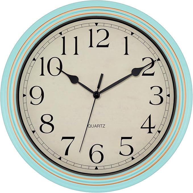 Foxtop 14 Inch Wall Clock Battery Operated Silent Non-Ticking Round Classic Vintage Retro Wall Clock Decorative for Living Room Kitchen Home Office (Light Turquoise)