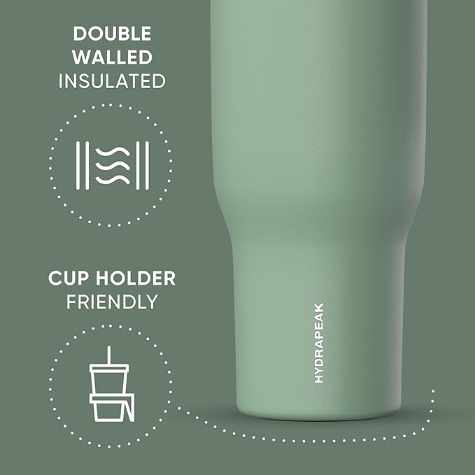 Hydrapeak Voyager 40 Oz Stainless Steel Tumbler with Handle, Insulated Water Bottle With Straw & Lid, Cupholder Friendly Reusable Travel Mug (Sage)