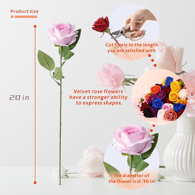 12 Pcs Artificial Rose Flowers, Silk Roses with Long Stems, Realistic Fake Roses for Wedding Centerpiece Party Home and Office DIY Decor, Pink