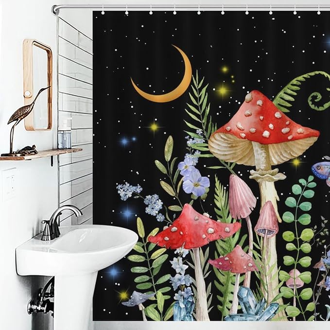 Mushroom Shower Curtain for Bathroom, Magic Gothic Fairy Forest Botanical Vintage Mushroom Wildflower Plants Herbs Farmhouse Country Waterproof Fabric Shower Curtain Set with Hooks, 72"x84" Inch