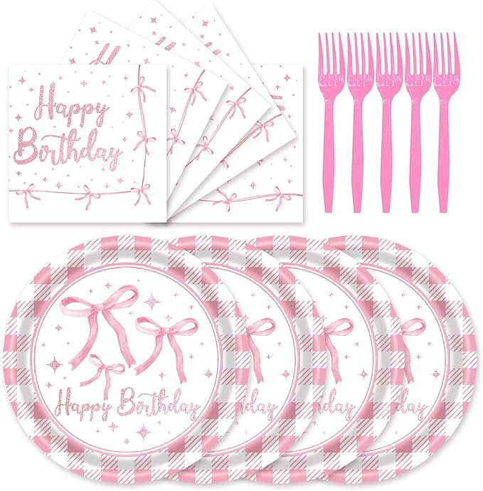 72Pcs Pink Bow Plates and Napkins, Coquette Birthday Party Supplies Pink Bow Paper Plates and Napkins Forks Tableware Decorations for 24 Guests