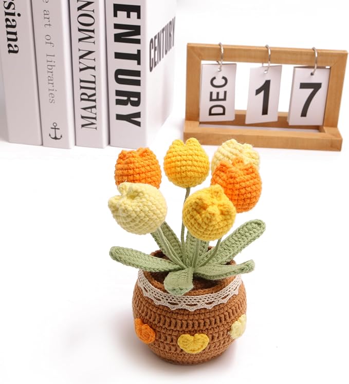 Handmade Tulips, Hand-Woven Flowers, Crocheted Tulips, Artificial FlowersTulipsBirthday Gifts for Family and Girlfriends, Home Office Decoration, Graduation Anniversary (6 Flowers-Yellow)