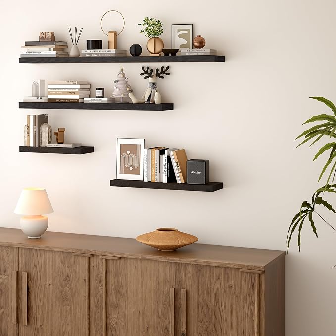 BGMG Wood Floating Shelves 48 Inch, Set of 2, Wide Rustic Wooden Wall Shelves for Bathroom Living Room Bedroom Kitchen Farmhouse - 48x 6.7 x1.25 Inch - Black