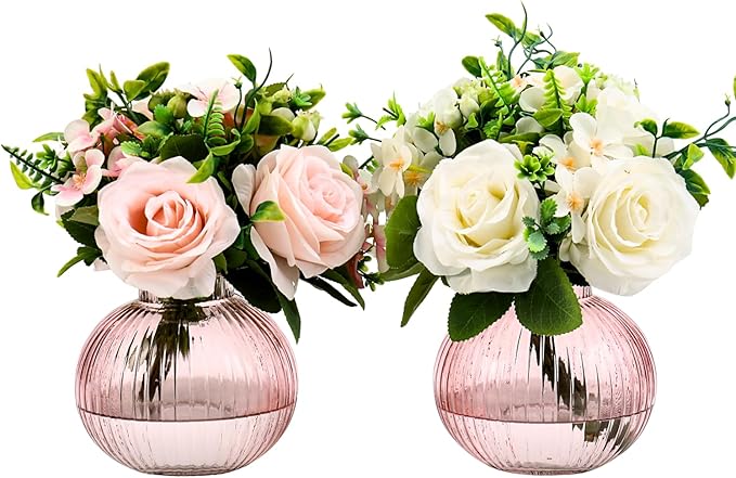 Round Glass Vases, Set of 2 Small Vases for Flowers, Pink Glass Vase for Tulips, Modern Vase for Living Room, Office, Coffee Table, Shelf, Wedding, 5 Inches