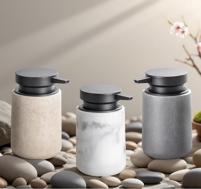 Clasin Home Liquid Soap Dispenser with Easy-to-Press Pump, 10 oz Refillable Hand Soap Dispenser with Extended Spout for Bathroom Kitchen Dish Lotion, Modern Stone Texture (White)