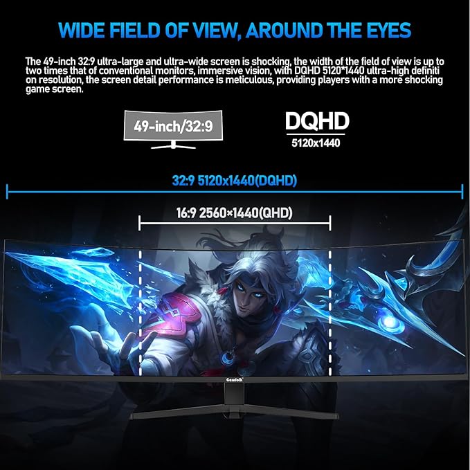 Gawfolk 49 inch Ultra-Wide Curved 1500R Gaming Computer Monitor, DQHD(5120×1440), 165Hz, 1MS, FreeSync, 120% sRGB, Height Adjustable PC Screen, HDMI2.1，DP1.4, Compatible Wall Mount 75 * 75mm - Black