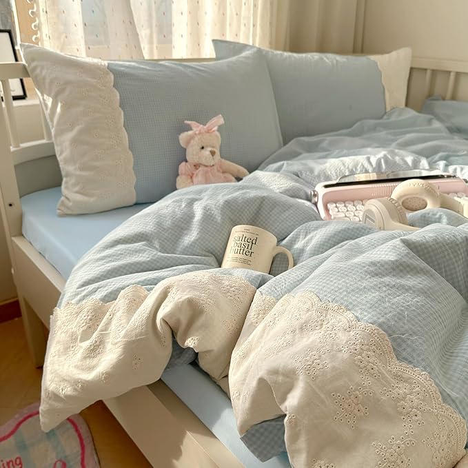 LifeTB Blue Gingham Duvet Cover Twin XL 3 Pieces Blue Plaid Comforter Cover with Chic White Lace Soft Microfiber Checkered Grid Duvet Cover with 2 Pillowcases Breathable Gingham Plaid Bedding Set