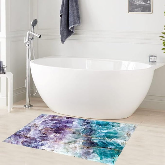 LB Purple Marble Bathroom Rug Abstract Geometric Non Slip Bath Mat Teal Crystal Mineral Doormat Memory Foam Super Absorbent Floor Mats,31.5x19.6 Inch