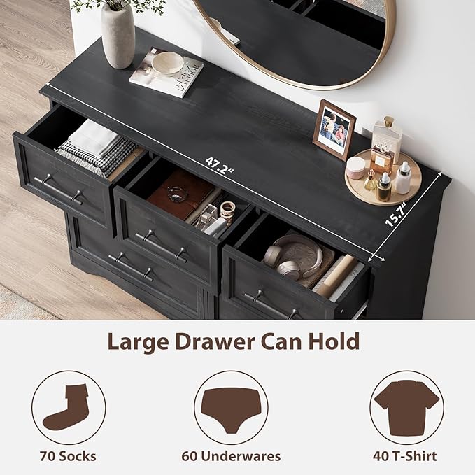 Black Dresser for Bedroom, Modern 7 Chest of Drawers, 47" Wide Chest of Drawers w/Brushed Metal Handle, Wood Closet Organizers and Storage Cabinet for Bedroom, Living Room, Hallway