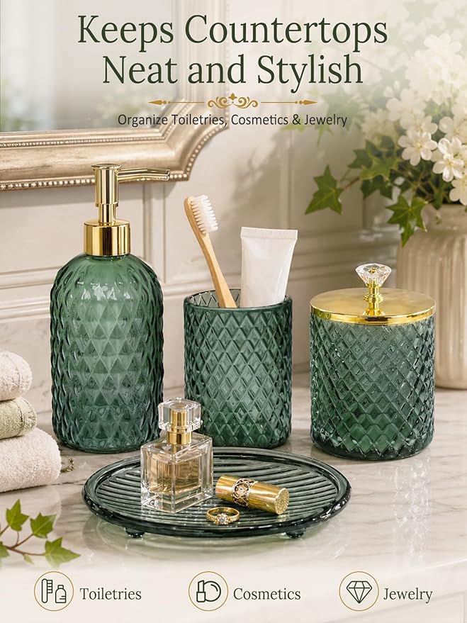 Haturi Bathroom Accessories Set, 4Pcs Sage Green Glass Bathroom Set Complete w/Bathroom Soap Dispenser Set, Toothbrush Holder, Qtip Holder, Soap Dish, Green Bathroom Decor, Gift for Home Apartment