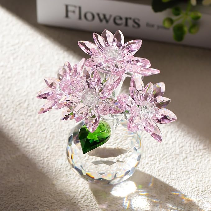 YWHL Pink Crystal Flower Figurine Decor with Stand, Handmade Glass Flower Gifts for Women, Beautiful Art Collectible Statue for Home Table Centerpiece（Pink