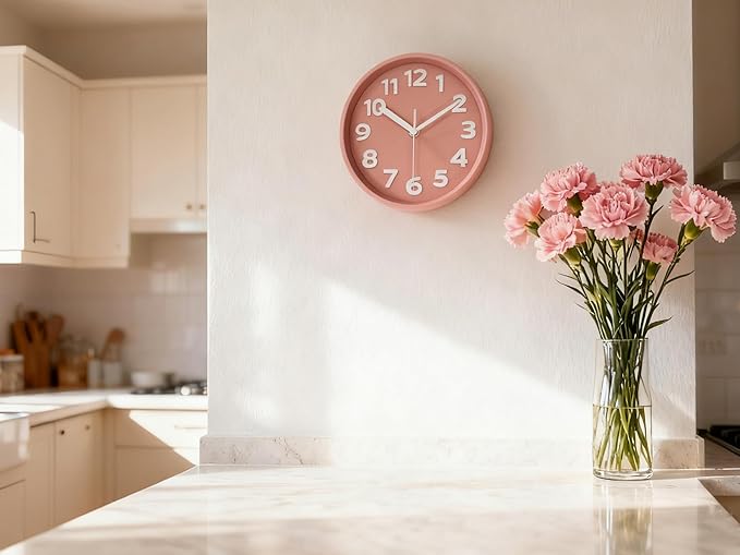 8-Inch Pink Modern Wall Clock – Silent Non-Ticking, 3D Large Numbers, Accurate Timekeeping | Decorative Wall & Desk Clock with Stand for Living Room, Bedroom, Kitchen, or Office