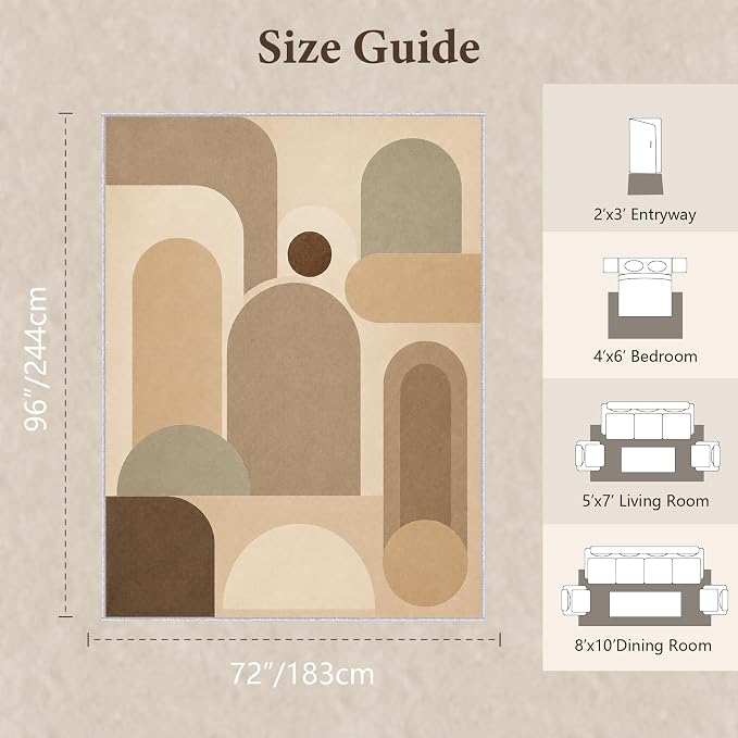 Neutral Geometric Area Rug 6x8, Mid Century Modern Abstract Rug, Soft Taupe Beige Color Block Washable Low Pile Non Slip Rug for Living Room Bedroom