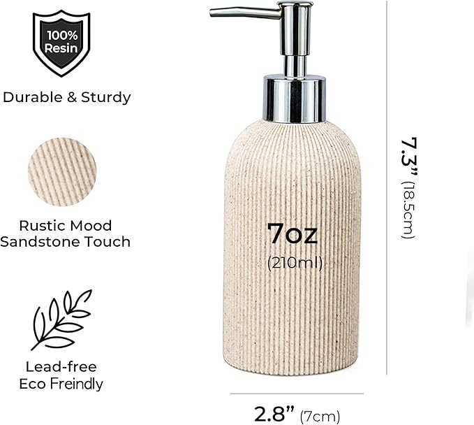 Sand Beige Hand Soap Dispenser for Bathroom and Kitchen with Pump, Luxury Farmhouse Style, Lotion, Dish Soap Dispenser, Sandstone Finish, Rust Proof, 7oz (Silver Pump)