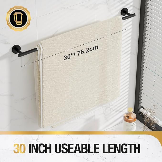 HITSLAM Matte Black 30 Inch Towel Bar for Bathroom, SUS304 Stainless Steel Bathroom Towel Rack Wall Mounted, Modern Home Decor Bath Towel Holder with Hardware Accessories (Total Length 31.6 Inch)