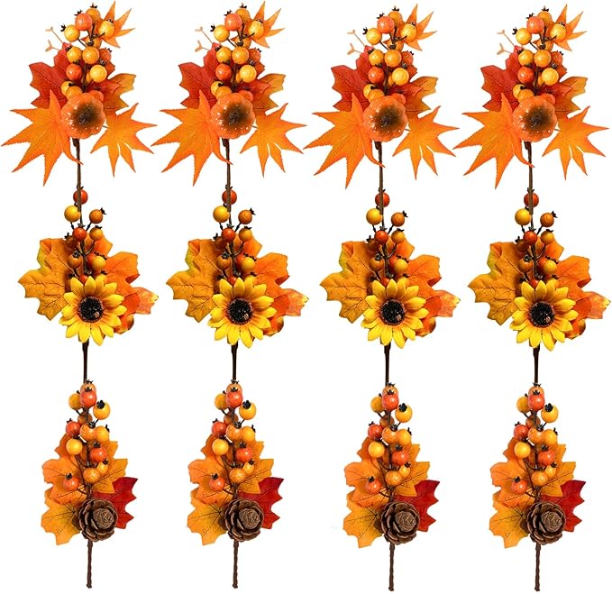 12 Pack Fall Stems Artificial Berry Picks Fall Picks with Pine Cone Sunflowers Pumpkin Maple Leaves Branches Decorations for Harvest Autumn Thanksgiving Day Wreaths Indoor Outdoor Home Decor