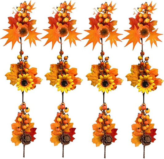 12 Pack Fall Stems Artificial Berry Picks Fall Picks with Pine Cone Sunflowers Pumpkin Maple Leaves Branches Decorations for Harvest Autumn Thanksgiving Day Wreaths Indoor Outdoor Home Decor