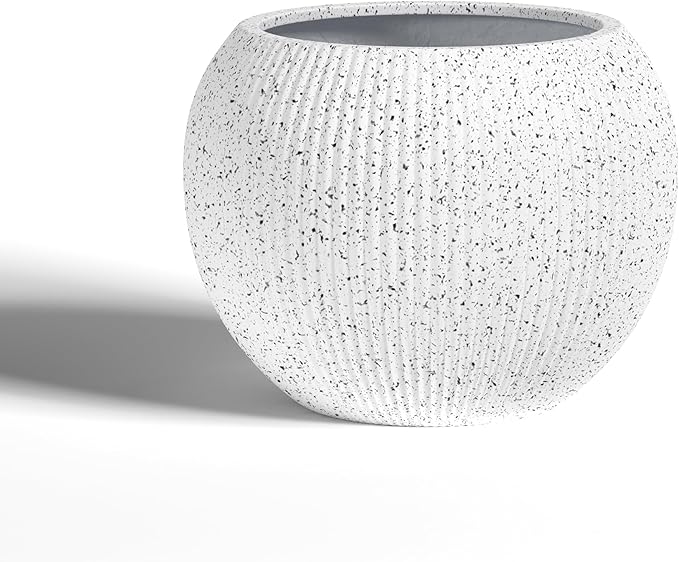 DTY Signature Mount Sherman Modern Indoor Outdoor Fiberstone Sphere Planter, Durable Round Garden Pot, Weather Resistant, Drainage Hole & Rubber Plug,Planter for Christmas Tree (Ribbed White, Medium)