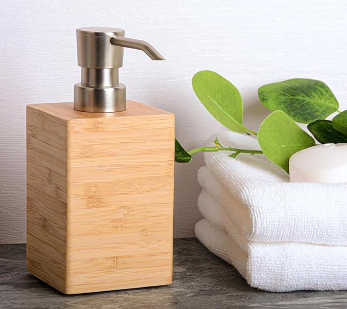 Clasin Home Bamboo Soap Dispenser with Anti-Slip Pads and Stylish Horizontal Wood Grain, Hand Dispenser for Bathroom, Kitchen, Dish, Lotion, Shampoo, Liquid Soap (7 Oz)