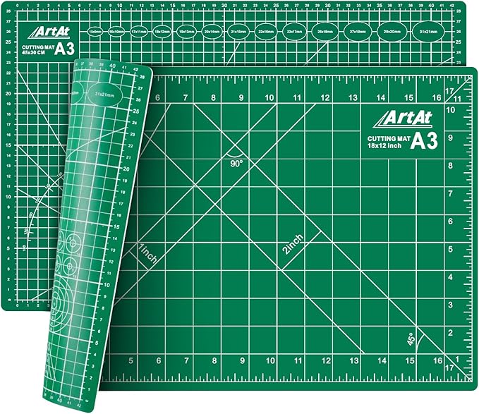 ArtAt Self Healing Cutting Mat: 12″x 18″ Green Double Sided Non-Slip 5 Layers PVC Durable Craft Sewing A3 Mat for Rotary Cutter, Use for Quilting and Scrapbooking and Craft & Art Projects…