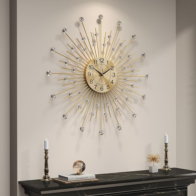 Cuspin Large Gold Wall Clock 30 Inch, Crystal Sunburst Mid Century Modern Clocks for Living Room Decor, Luxury Decorative Battery Operated Metal Clock Silent Non Ticking for Home Ddecor