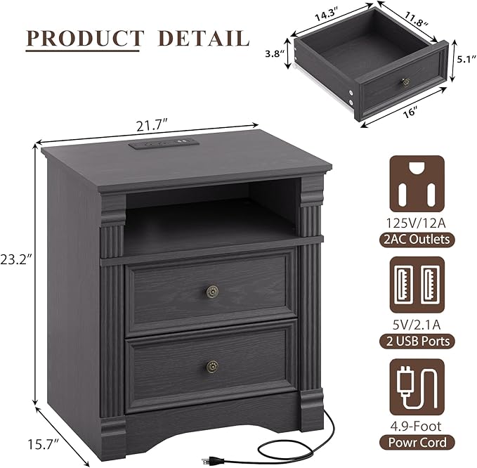Grey Nightstand with Charging Station, Farmhouse Bedside Table, End Table with 2 Drawers and Chic Wood Pilasters Design, Wood Side Table with Metal Handles for Bedroom, Living Room