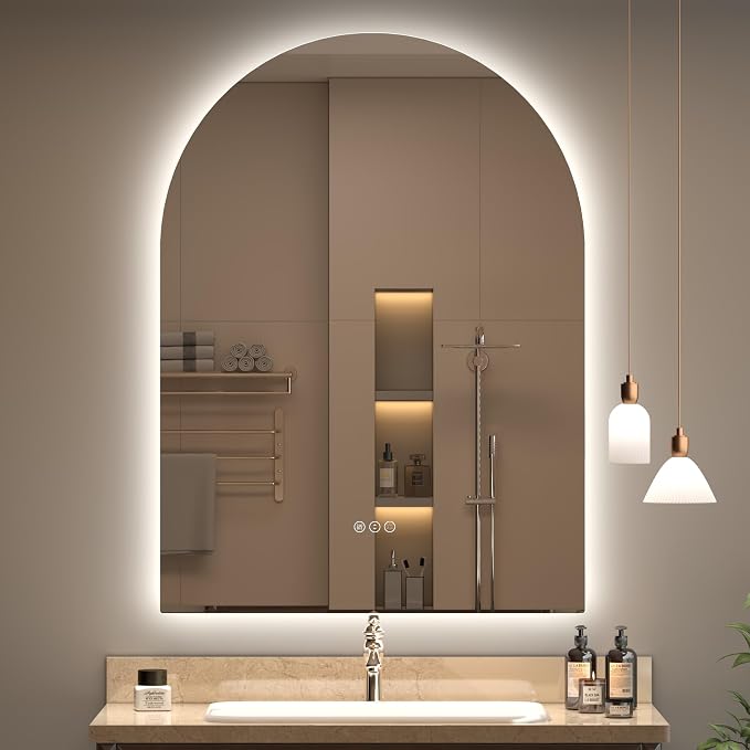 Backlit Arched LED Bathroom Mirror 26x36 Inch, Dimmable LED Vanity Mirror with Lights, Anti-Fog, 3 Colors, Memory, ETL Listed