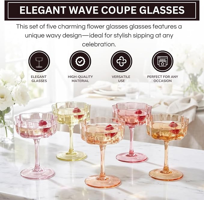 Summer Flower Scalloped Vintage Wavy Petals Wave Glass Coupes 7oz Colorful Martini, Champagne & Cocktails, 5 Set Colored Rippled Champagne Glasses, Elegant Bar Glassware, Aesthetic Coupe Glassware
